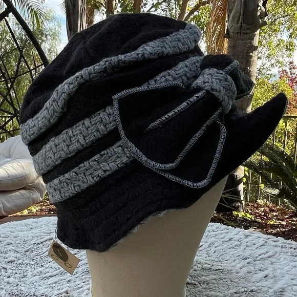 NWR Wool Blend Floppy Bucket Hat with Bow Winter Feminine Black & Gray - Picture 3 of 4